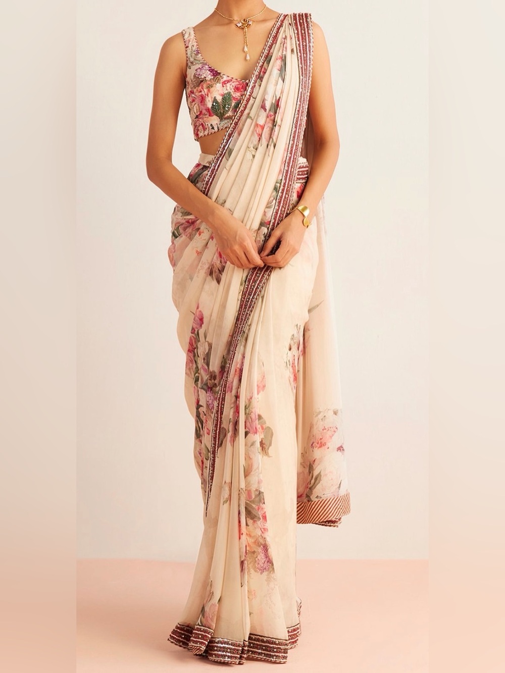 Kalista Off White Viscose Georgette Pre-Draped Saree Set Size Small